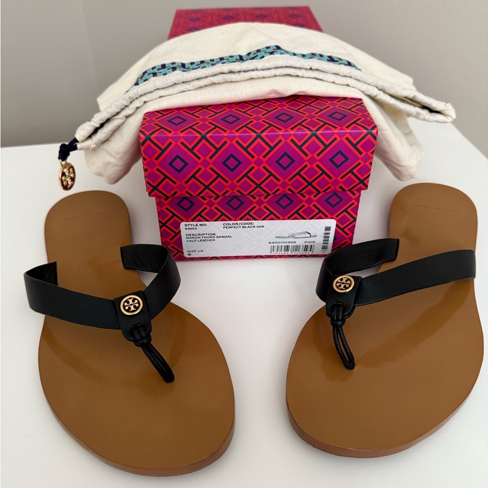 Tory Burch Black Leather Flip Flops, 9